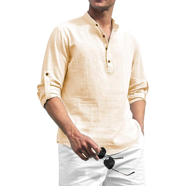 Cotton Solid Kurta for Men (Beige, S)