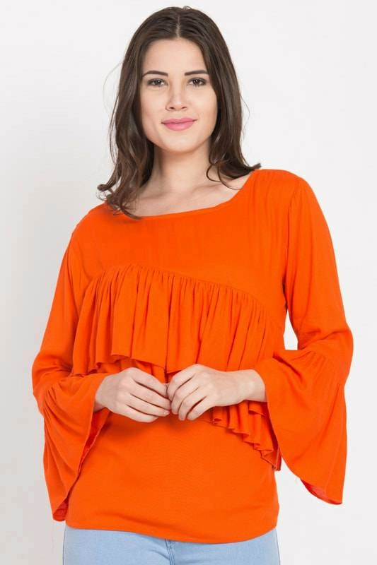 Cotton Solid Top for Women (Orange, S)