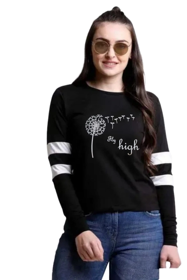 Round Neck Full Sleeves Printed T-Shirt for Women (Black, S)