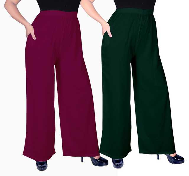 Mevaba Casual Viscose Blend Women Solid Palazzo (Pack Of 2, Magenta & Dark Olive Green) (SS-309)