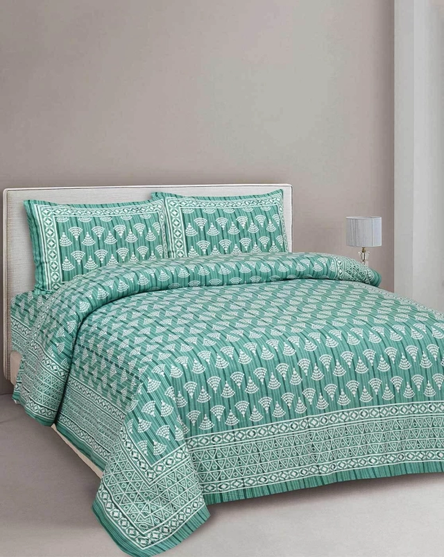 144 TC Flat King Size Jaipuri Prints Bedsheet 100% Cotton (90 X 108, Green, White)