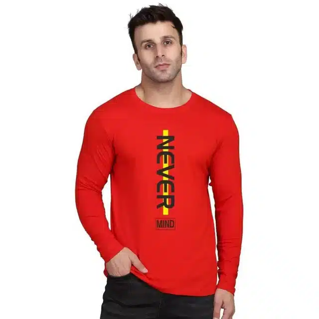 Men's Printed Round Neck T-shirt (Red, L)