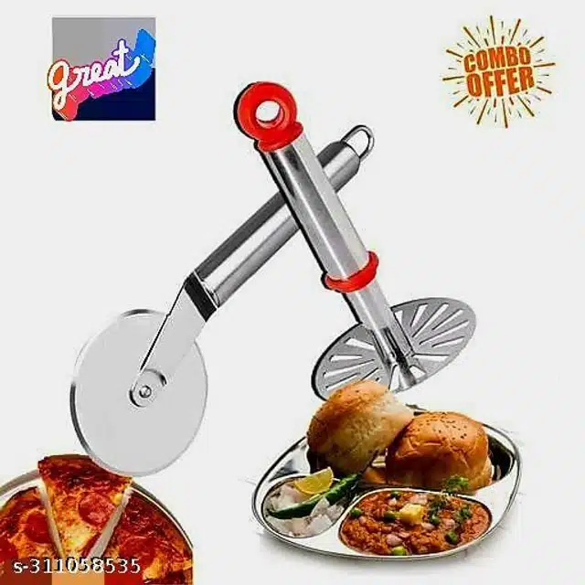 Stainless Steel Pizza Cutter with Masher (Silver, Set of 2)