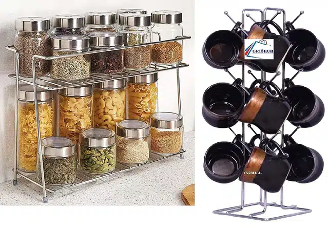 Spice Container Rack with Cup Holder for Kitchen (2 Pcs) (Silver)