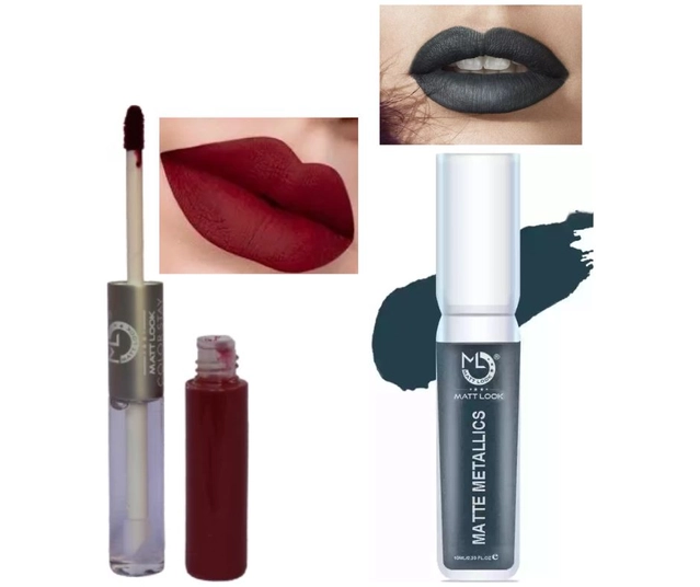 Combo of Matt Look Metallic Liquid Lip Colour with 2-in-1 Lipstick cum Lip Gloss (Dark Grey & Maroon, Set of 2)