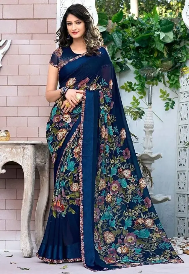 Georgette Printed Saree For Women (Blue, 6 M)