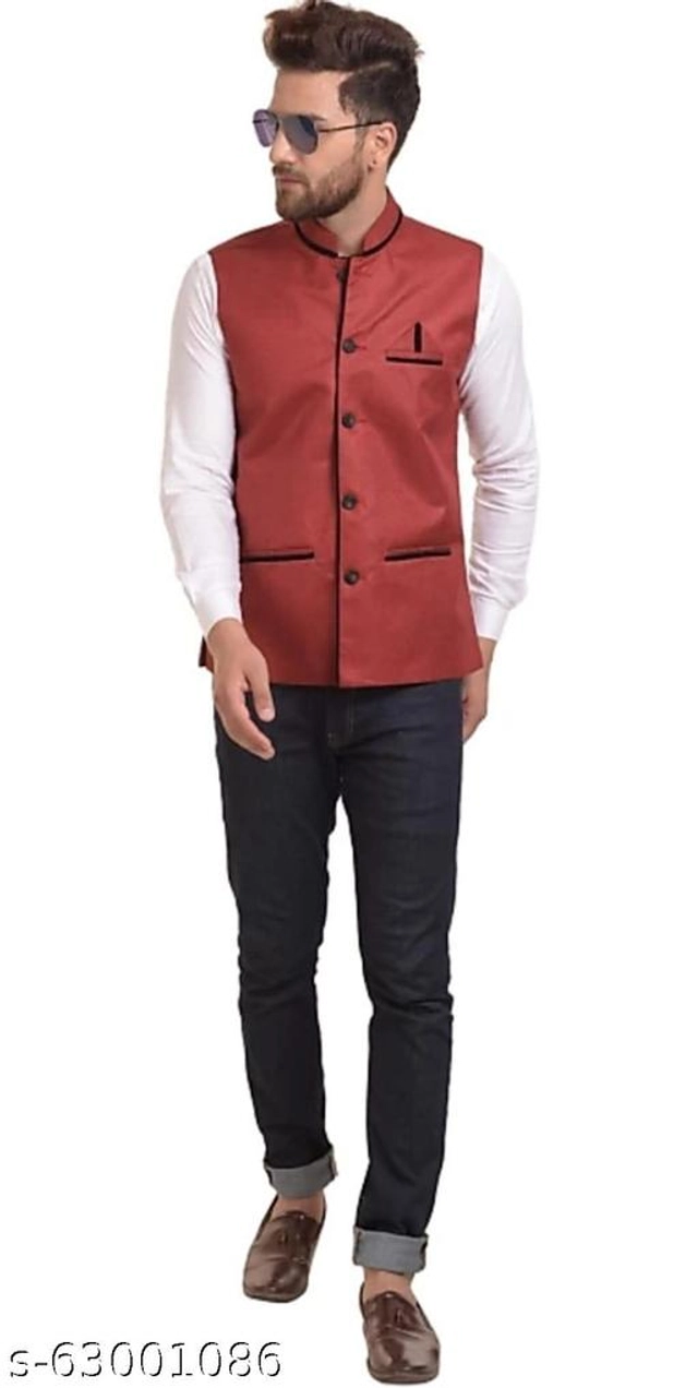 Cotton Blend Ethnic Jacket for Men (Red, M)