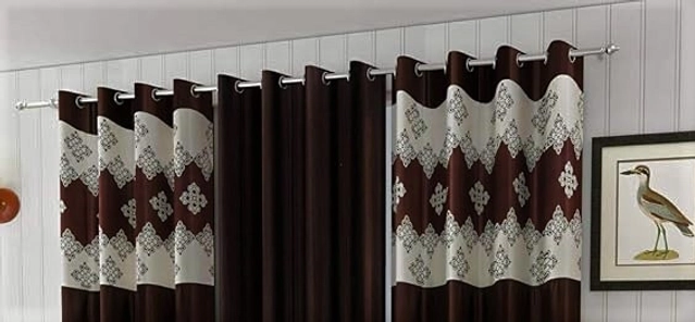 Polyester Room Darkening Printed Door Curtains (Brown, 7 Feet) (Set of 3)