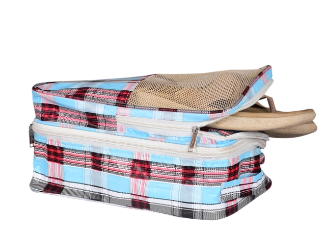 Portable Canvas Checkered Shoe Storage Bag (Blue)