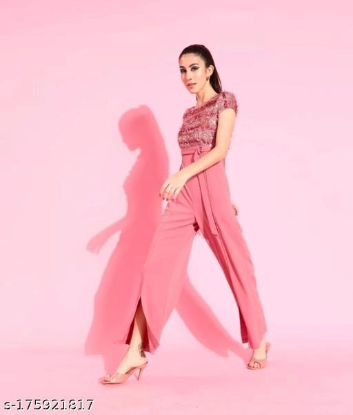 Lycra Embellished Jumpsuit for Women (Pink, XS)