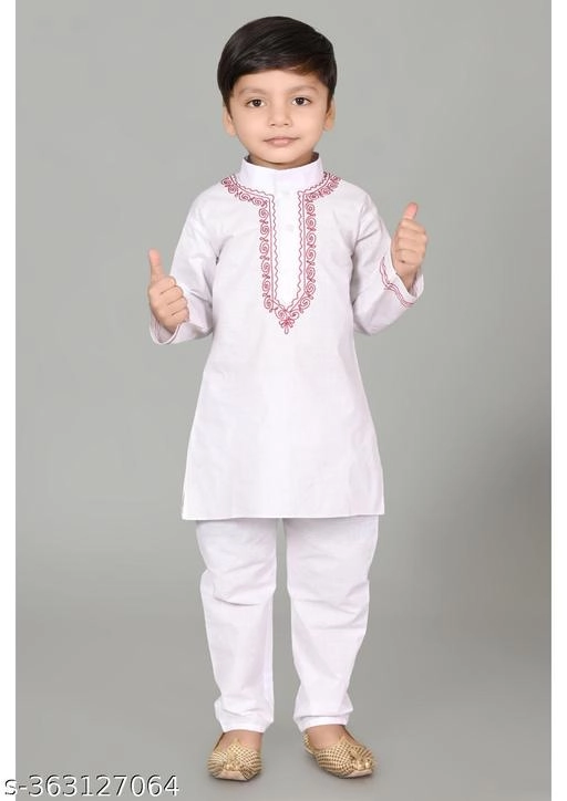 Cotton Solid Kurta with Pyjama for Boys (White, 12-18 Months)