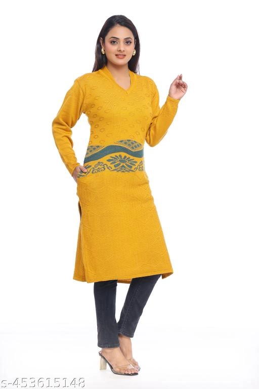 Woolen Printed Kurti for Women (Mustard, L)