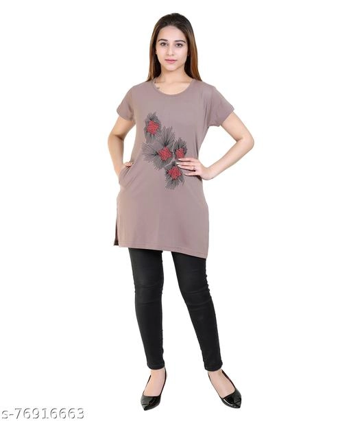 Round Neck Printed Long T-Shirt for Women (Grey, M)