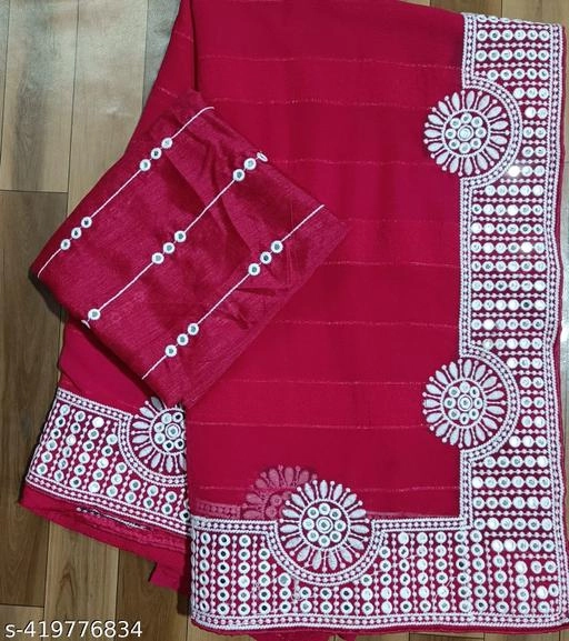 Satin Embroidered Saree for Women (Red, 6.3 m)