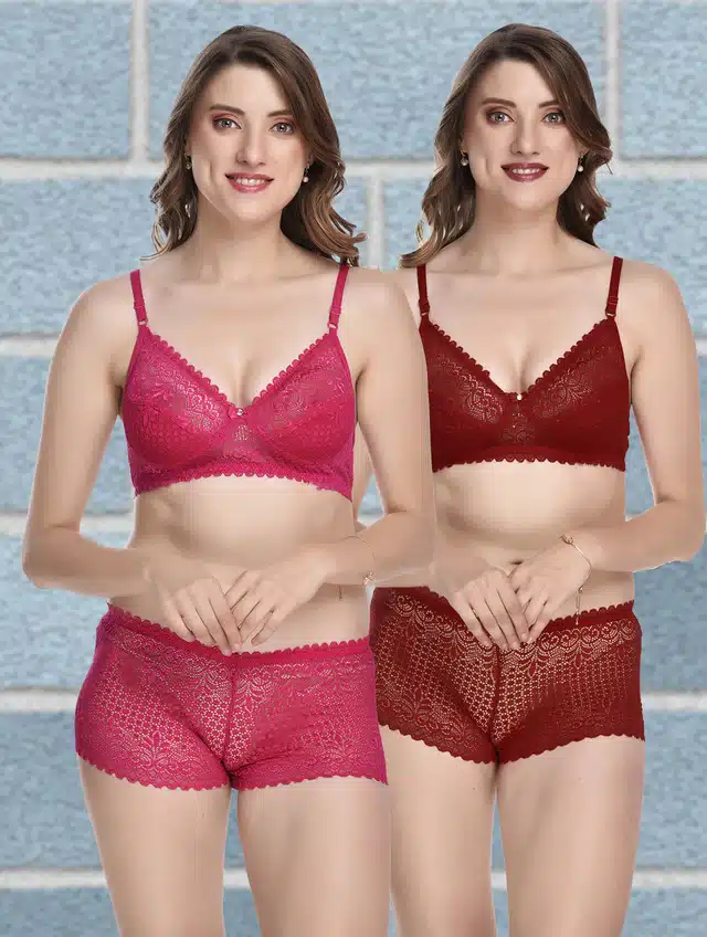 Women's Bra and Panty Set (Pink & Maroon, 30) (Set of 2) (F-2046)