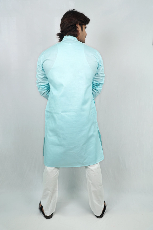 Cotton Full Sleeves Embroidered Kurta Set for Men (Aqua Blue & White, M)