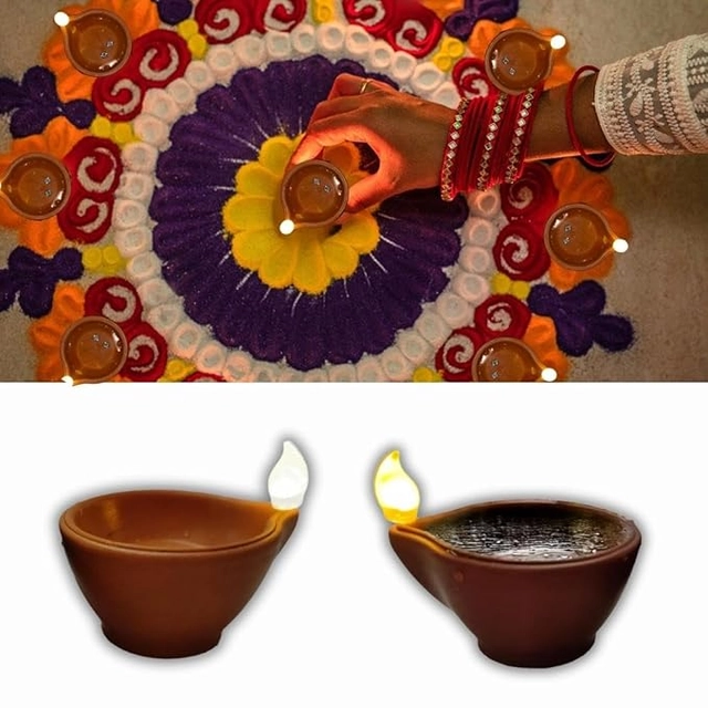 Plastic Traditional Water Sensor LED Diya for Diwali (Brown, Pack of 12)