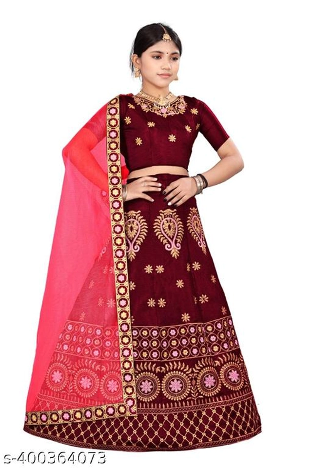 Satin Embroidered Lehenga with Choli & Dupatta for Girls (Maroon & Pink, 2-3 Years)