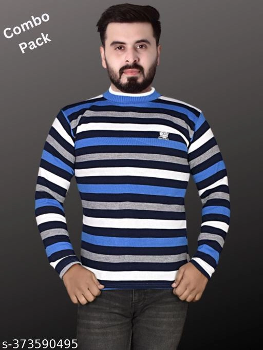 Woolen Striped Sweater for Men (Blue & Red, M) (Pack of 2)