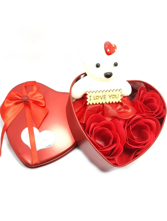 Artificial Roses with Teddy Bear Valentine's Day Gift Box (Multicolor)