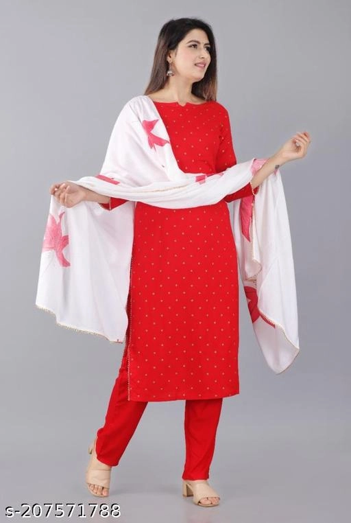 Rayon Solid Kurti with Pant & Dupatta for Women (Multicolor, M)