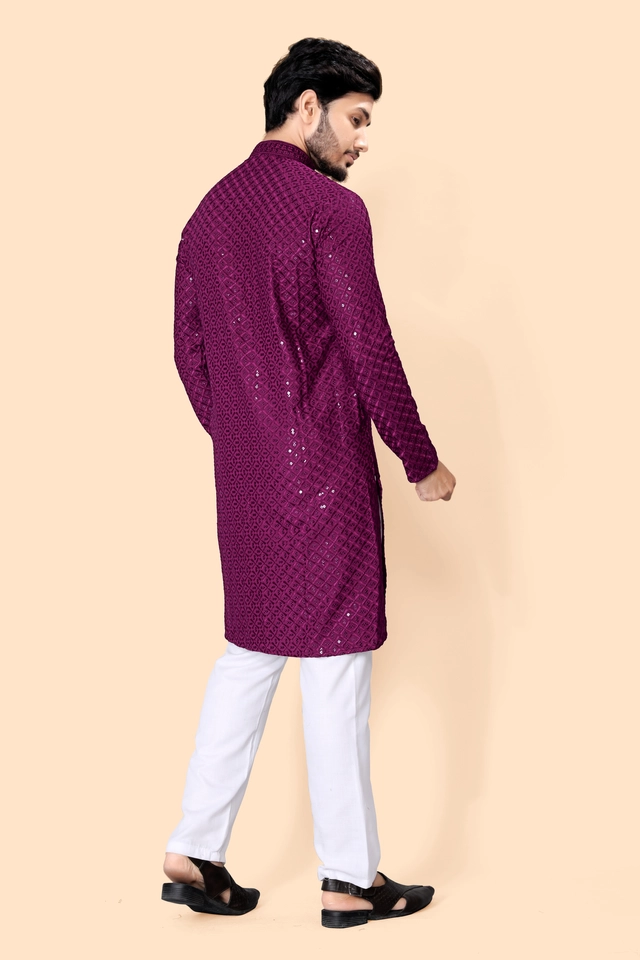 Cotton Blend Embroidered Kurta for Men (Purple, S)