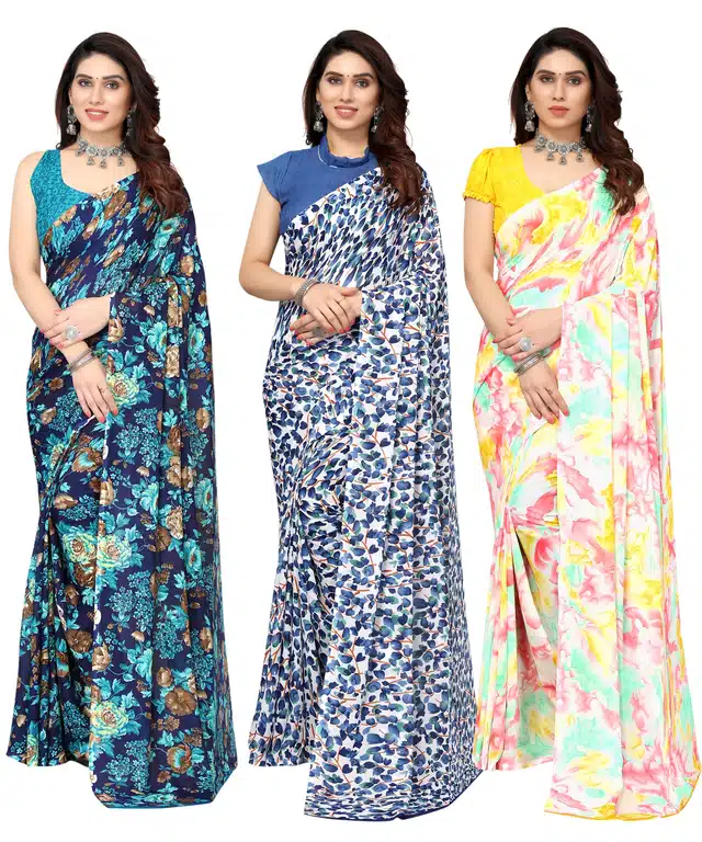 Women's Designer Floral Printed Saree with Blouse Piece (Pack of 3) (Multicolor) (SD-152)
