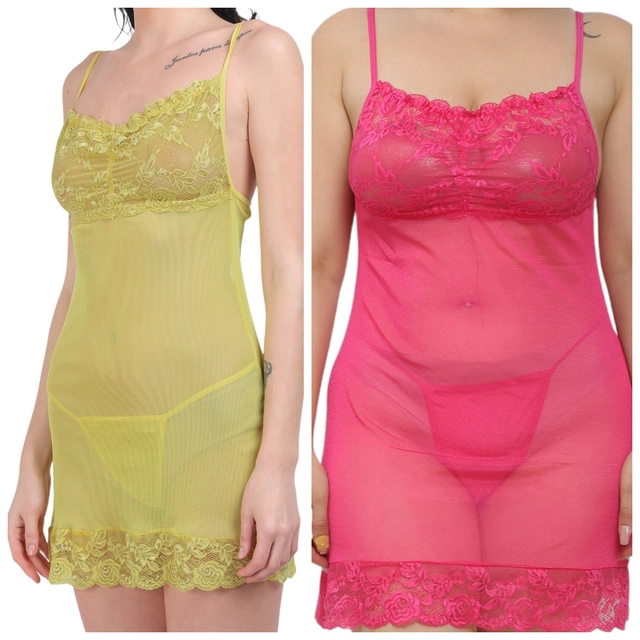 Netted Solid Babydoll for Women (Multicolor, Free Size) (Pack of 2)