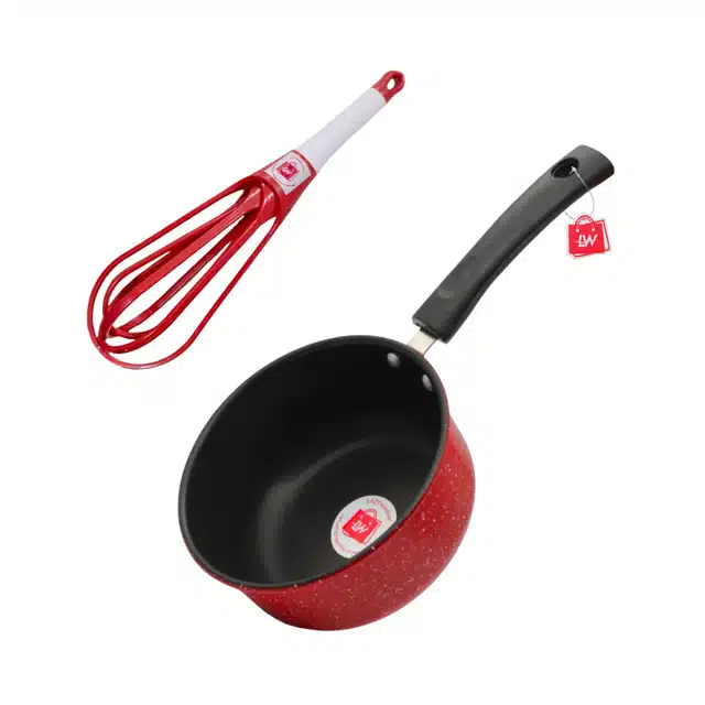 LAZYwindow Metal Nonstick Sauce Pan with Whisker (Pack of 2) (Red, 1.5 L)