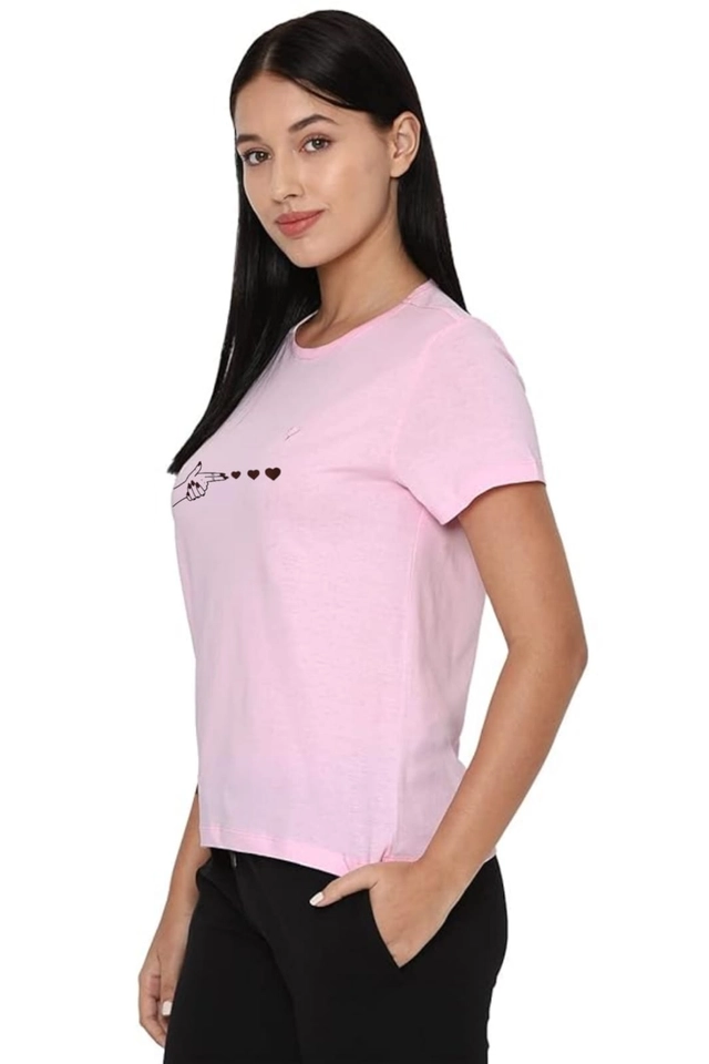 Round Neck Printed T-Shirt for Women (Pink, S)