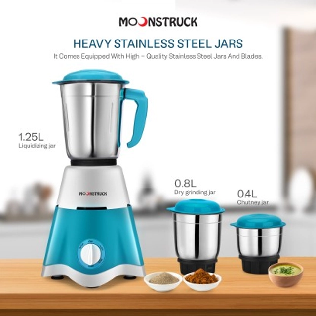 MOONSTRUCK 750 Watt Mixer Grinder (Blue, 3 Jars) & 1100 Watt Dry Iron  (Blue,Black) Super Combo