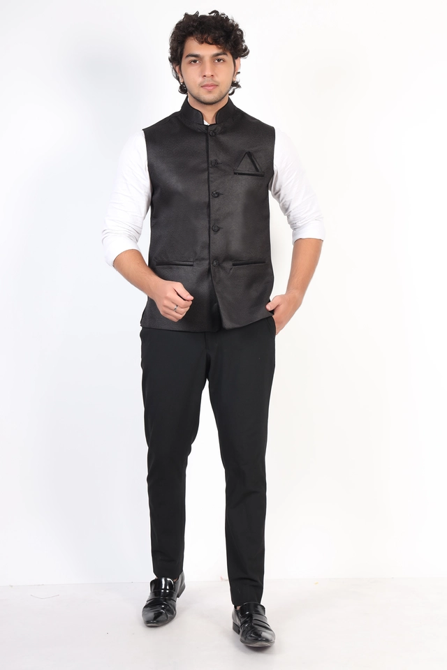 Jute Khadi Solid Waistcoat for Men (Black, M)