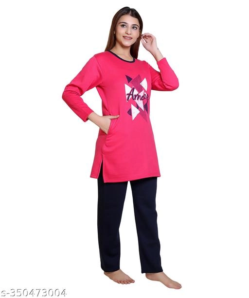 Wool Nightsuit for Women (Dark Pink & Blue, M)