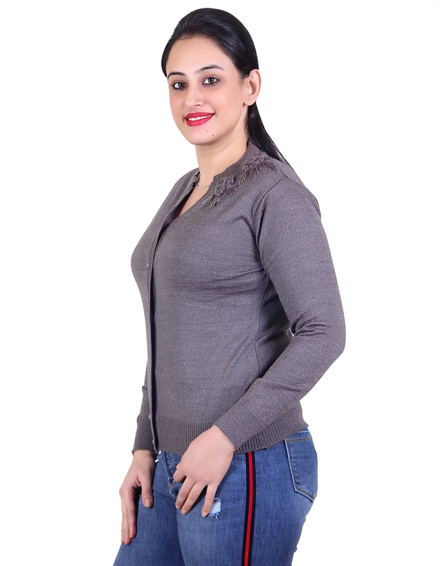 V Neck Solid Cardigans for Women (Dark Grey, M)