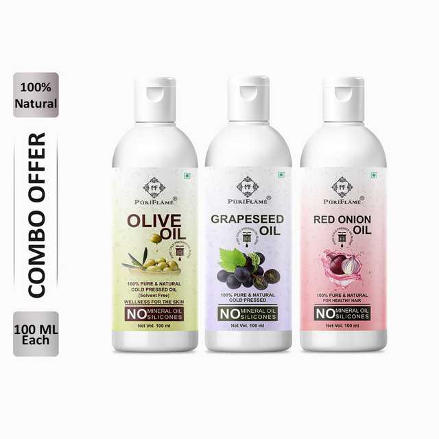 PuriFlame Pure Olive Oil (100 ml) & Grapeseed Oil (100 ml) & Red Onion Oil (100 ml) Combo For Rapid Hair Growth (Pack Of 3) (B-6187)