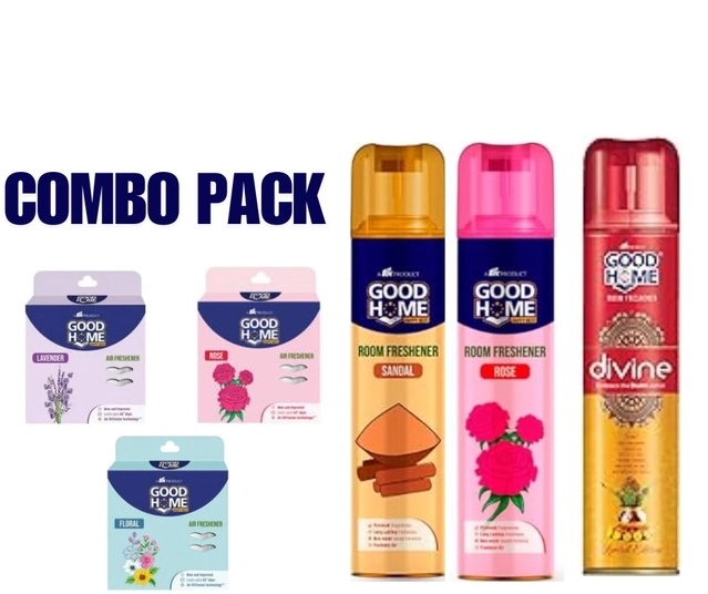 Combo of Goodhome Sandal, Rose & Divine Room Freshener (130 g, Pack of 3) with 3 Pcs Free Hanging Sachet (Set of 6)