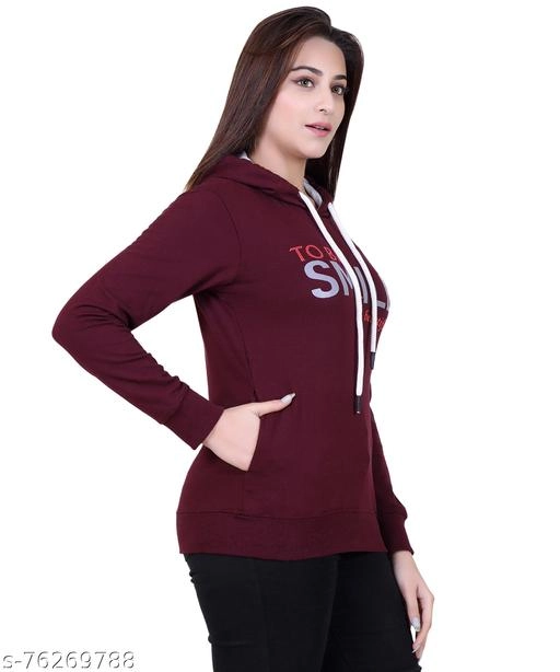 Cotton Blend Printed Hoodie for Women (Maroon, M)