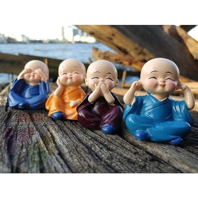 Polyresin Baby Monks Showpiece for Car Dashboard (Multicolor, Pack of 4)