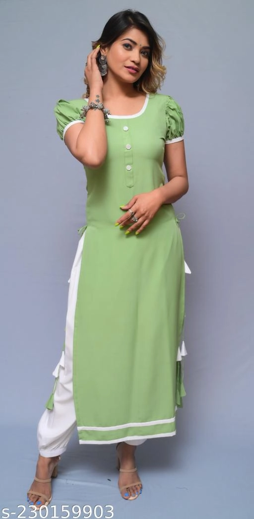 Crepe Solid Kurti with Pant for Women (Sea Green & White, XS)