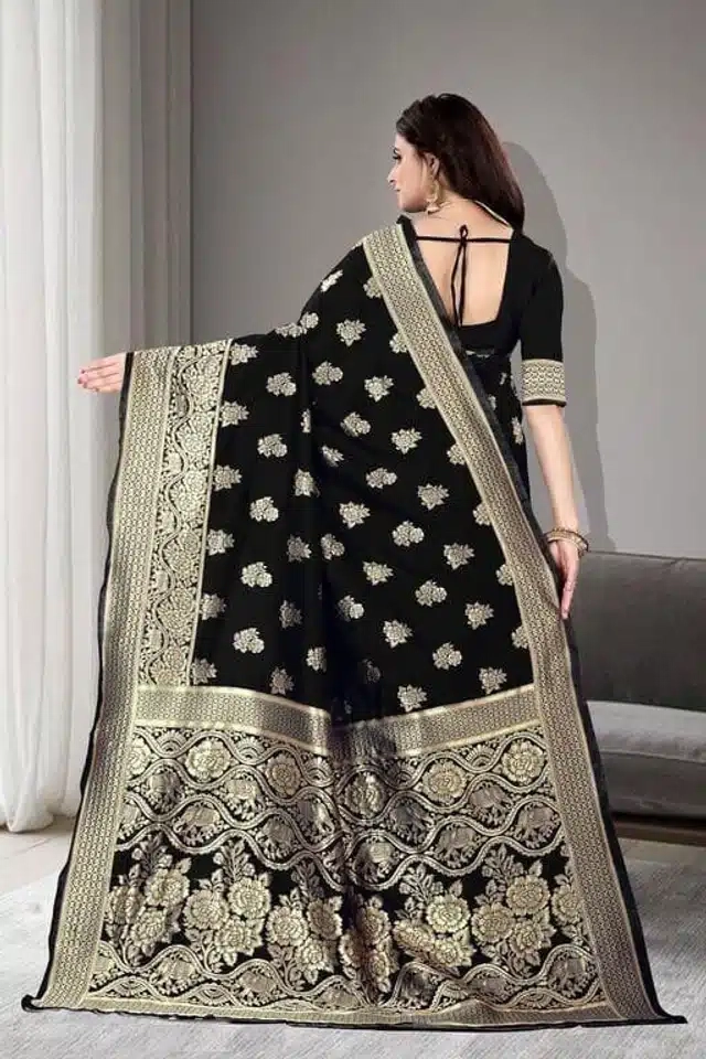 Banarasi Silk Saree For Women (Black, 6.4 M)