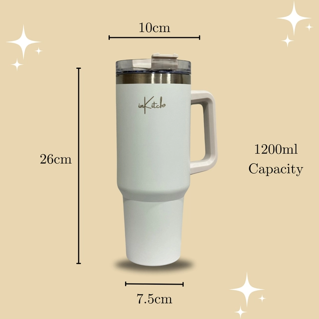 Stainless Steel Vacuum Insulated Tumbler with Straw (White, 1200 ml)