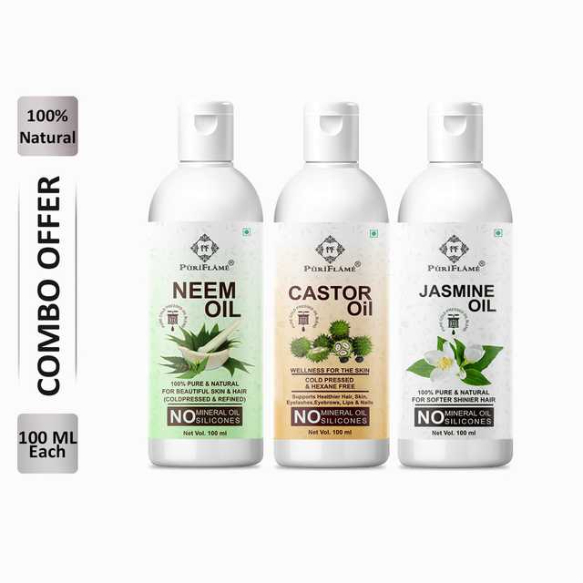 PuriFlame Pure Neem Oil (100 ml) & Castor Oil (100 ml) & Jasmine Oil (100 ml) Combo For Rapid Hair Growth (Pack Of 3) (B-5786)
