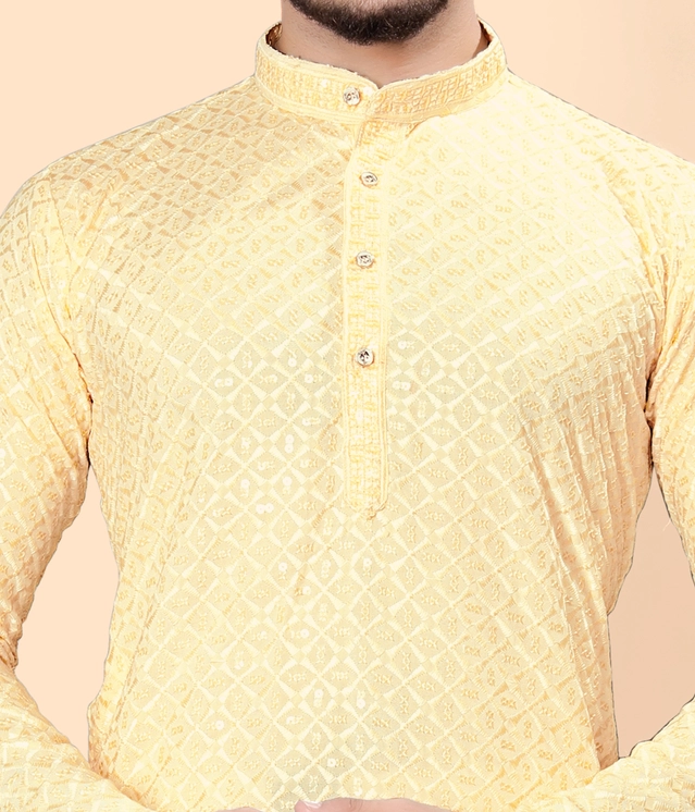 Cotton Blend Embroidered Kurta for Men (Beige, S)