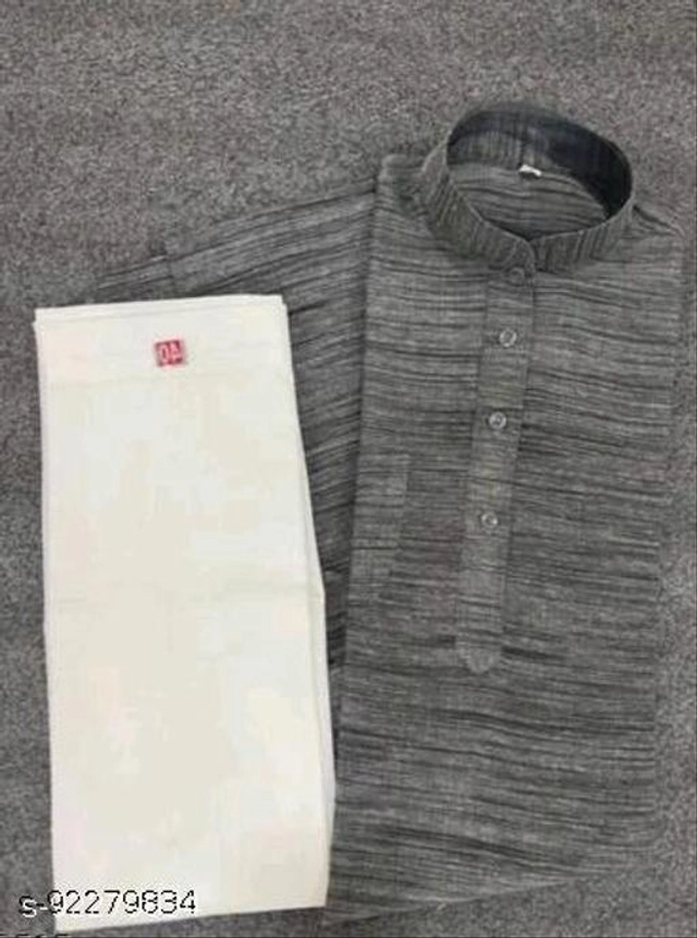 Khadi Cotton Solid Kurta with Pyjama for Men (Grey & White, S)