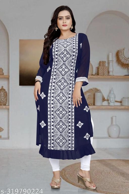 Georgette Embroidered Kurti for Women (Navy Blue, M)