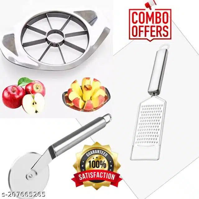 Stainless Steel Pizza Cutter with Cheese Grater & Fruits Slicer (Silver, Set of 3)