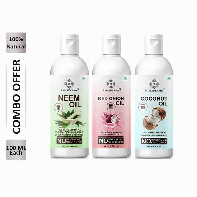 PuriFlame Pure Neem Oil (100 ml) & Red Onion Oil (100 ml) & Coconut Oil (100 ml) Combo For Rapid Hair Growth (Pack Of 3) (B-5946)
