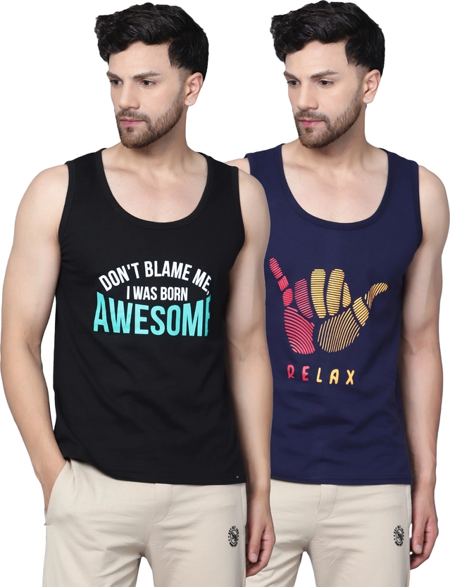 Cotton Blend Printed Vest for Men (Black & Navy Blue, M) (Pack of 2)