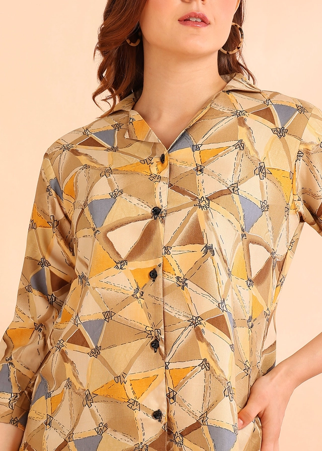 Three Quarter Sleeves Printed Shirt for Women (Mustard, S)