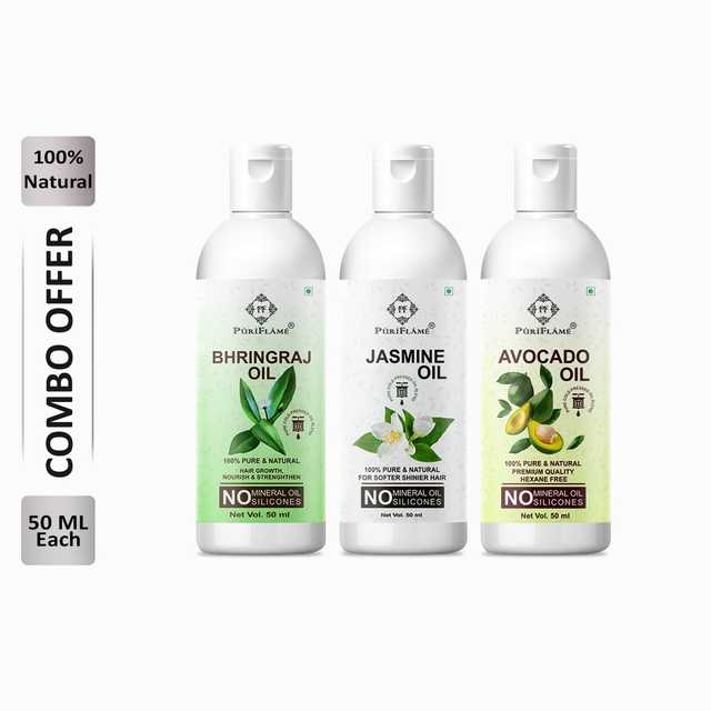 Puriflame Pure Bhringraj Oil (50 ml), Jasmine Oil (50 ml) & Avocado Oil (50 ml) Combo for Rapid Hair Growth (Pack Of 3) (B-9344)